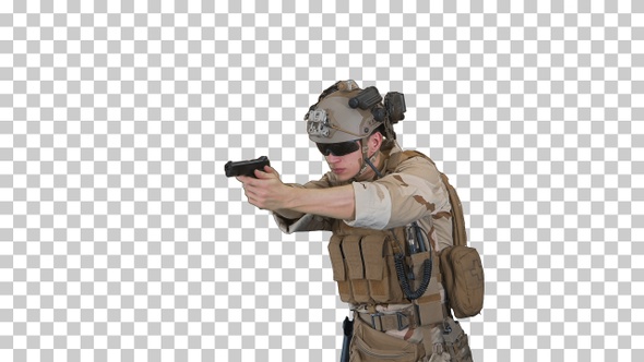 American ranger with pistol aiming and shooting, Alpha Channel