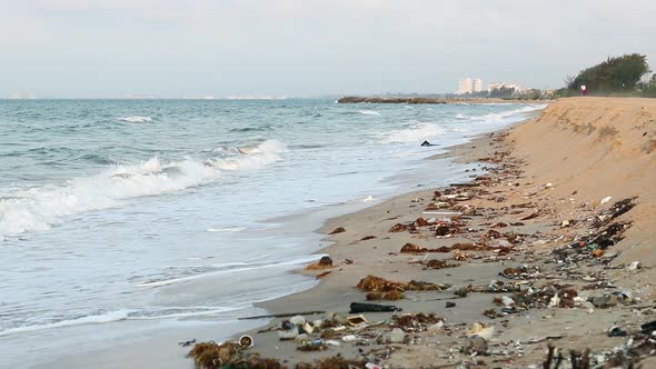 A landscape shot of a beach polluted with plastic and other rubish washed out by the ocean to the sh