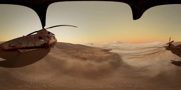 VR360 Old Rusted Military Helicopter in the Desert at Sunset