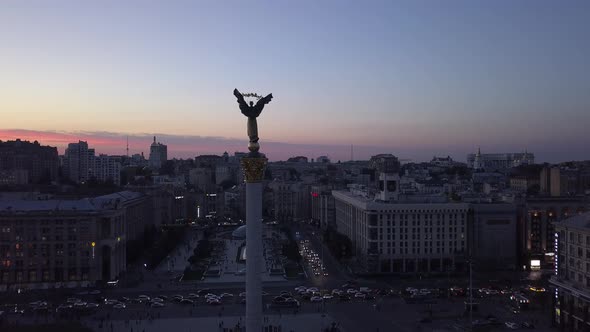 Independence Square at Night. Maidan. Monument. Aerial. Kyiv. Ukraine