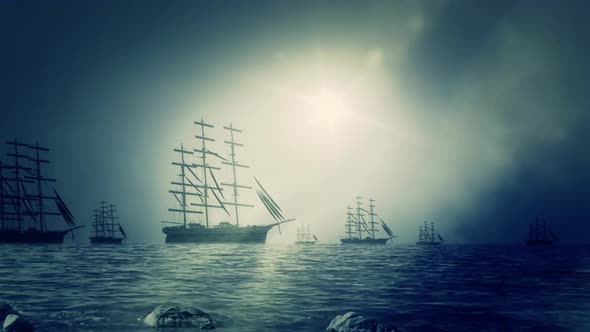 Massive Fleet Of Sail Ships Sailing To Shore