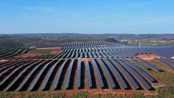 Aerial View of Giant Portuguese Fields with Solar Photovoltaic Batteries to Create Clean Ecological