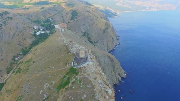 Drone View of the Steep Cliffs and the Remains of a Destroyed Fortress