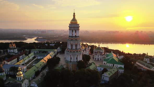 Kyiv, Ukraine: Aerial View of Kyiv-Pechersk Lavra in the Morning at Sunrise.