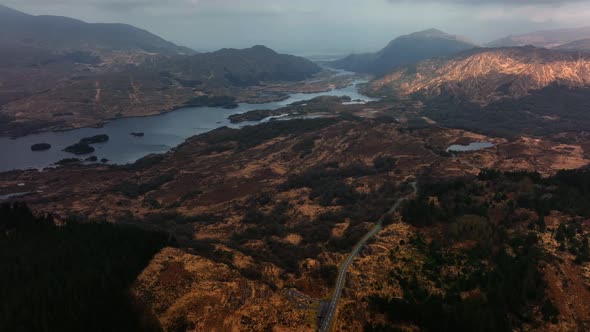 Killarney, Kerry, Ireland, March 2022. Drone descends above Beaufort while facing northeast towards