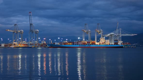 Freight port at sunset, timelapse.