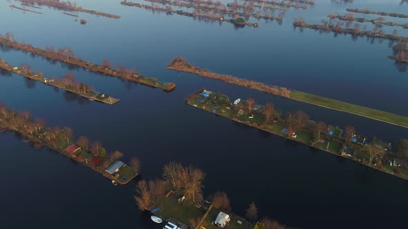 Aerial view of houses on the lake at Loosdrecht Kalverstraat the Netherlands.