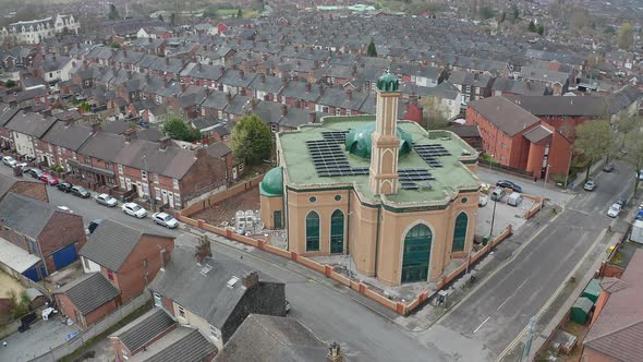 Aerial view of Gilani Noor Mosque in Longton, Stoke on Trent, Staffordshire, the new Mosque being bu