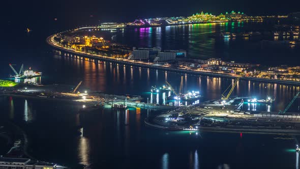 Aerial View of Palm Jumeirah Island Night Timelapse