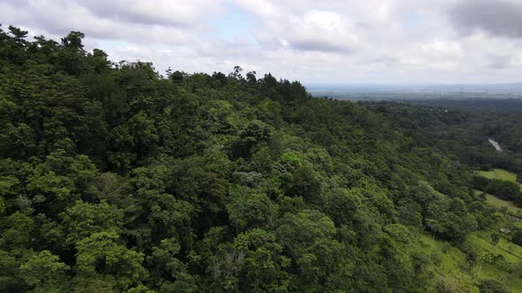 Drone flying and orbiting along side of a mountain covered by thick rainforest in central America. C
