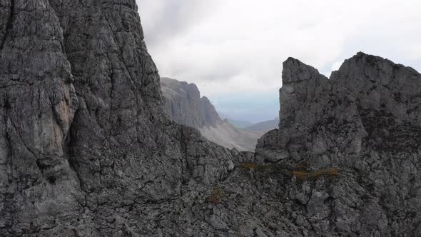 Aerial View of the Paso Gardena Pass in the Province of Bolzano. Dolomites. Flying Near the Sella