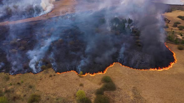 Aerial View of a Fire. Flying over the Fire, smoke above forest and fields in rural areas