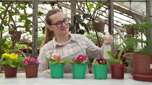 Young Farmer Inspects Flower Seedlings and Sprinkles Them with Water