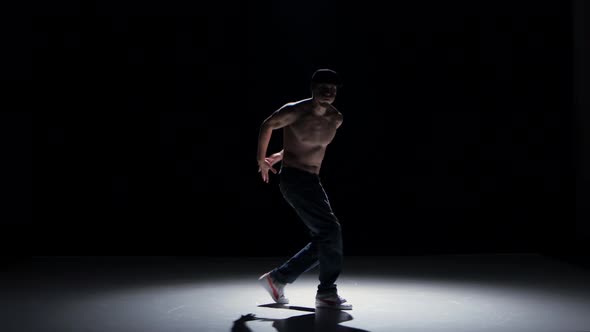 Breakdance Dancer Man with Naked Torso Dance, on Black, Shadow