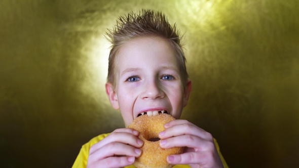 Blond enjoys sweets. Happy kid eating a sugar donut