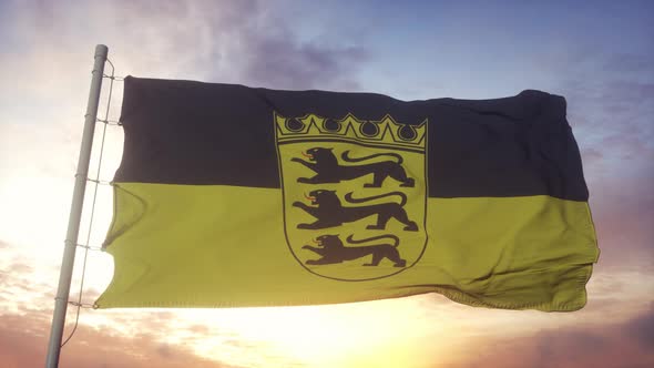 BadenWurttemberg Flag Germany Waving in the Wind Sky and Sun Background