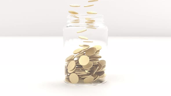 Gold Coins Fall Into Glass Jar on White Background Count Economy Concept