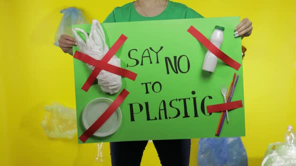 Unrecognizable Woman Holding Protesting Poster Say No To Plastic. Environment Plastic Pollution