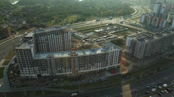 Construction Site Of A New City Block. Construction Of Multi Storey Buildings.