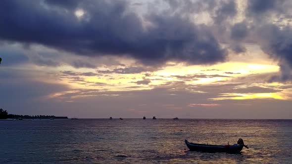 Drone seascape of bay beach voyage by blue lagoon with sand background