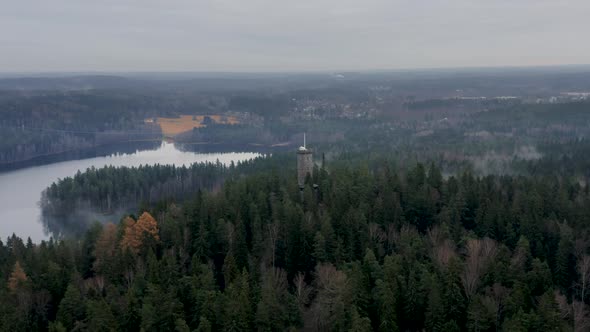 Aerial view of Aulanko tower in the city of Hämeenlinna. On the background you can see national land