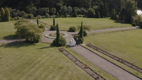 Newlyweds, Caucasian groom with bride walking, Holding hands in park, Wedding couple, Aerial view.