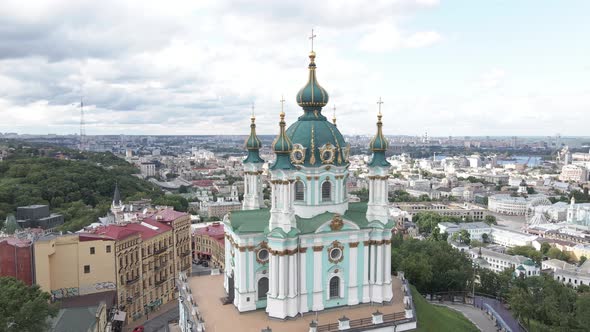 The Architecture of Kyiv. Ukraine. St. Andrew's Church. Aerial. Slow Motion