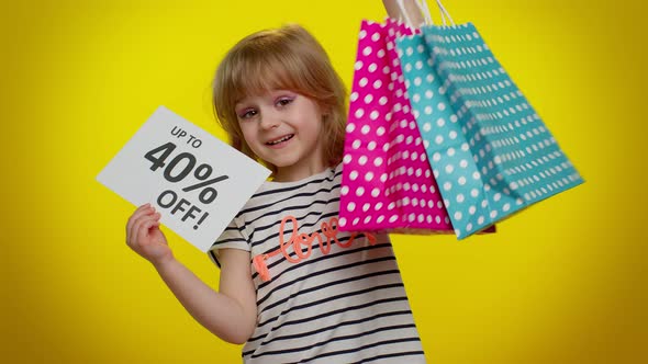 Kid Child Girl Showing Shopping Bags and Up To 40 Percent Off Inscriptions Banner Text Black Friday