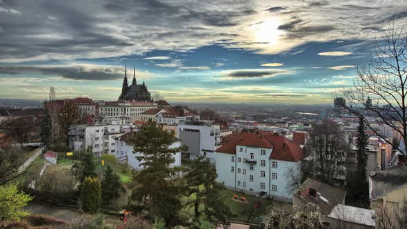 Beautiful time lapse of the city of Brno with a magical sky, Czech republic