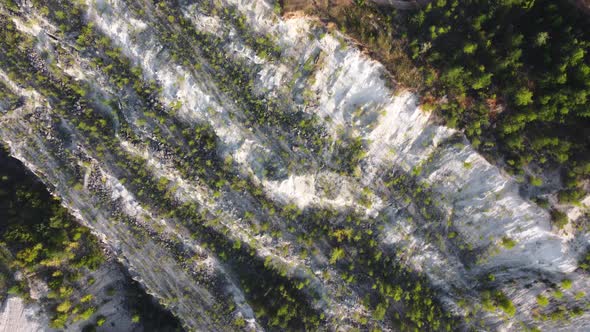 Aerial view of the old limestone quarry overgrown with grass and trees.