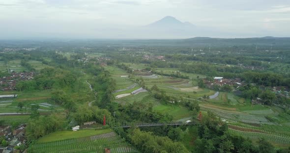 suspension bridge crossing the valley with waterfall surrounded by dense of trees and vegetable plan