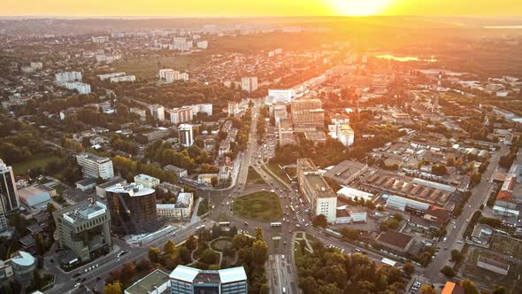 Aerial sunset drone view of Chisinau city. Yellow sky. Moldova