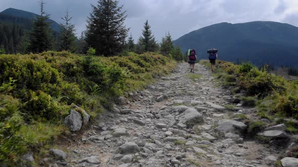 Two Hikers with Backpacks on Path in Mountains