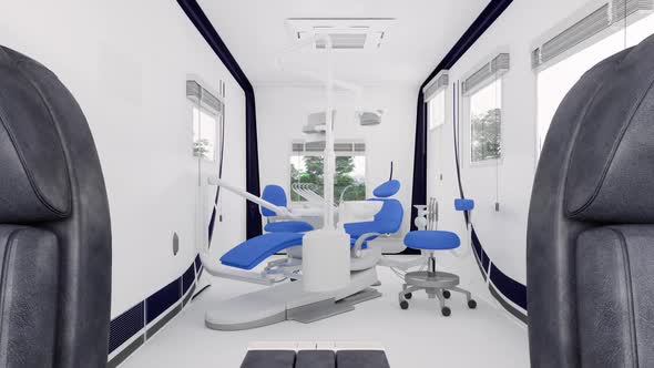 Mobile Dental Clinic Interior With Dentist Chair, Cart And Other Dental Tools