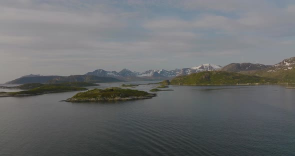 Islets in scenic arctic area of Sommaroya archipelago, Sommaroy bridge; aerial