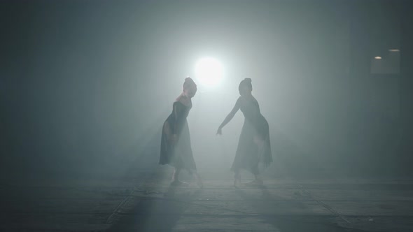 Two Graceful Professional Ballerinas Dancing Elements of Classical Ballet in the Dark. Ballet