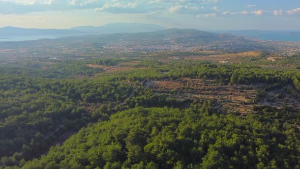 Flying Over of Agricultural Landscape with Many Fields Farmlands Sea and Mountain Background