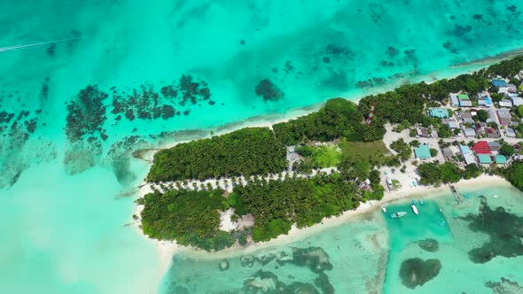 Luxury aerial copy space shot of a sandy white paradise beach and blue water background in best qual