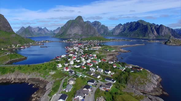 Norwegian town Reine on Lofoten islands, aerial footage