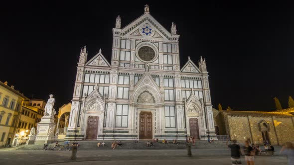 Tourists on Piazza Di Santa Croce at Night Timelapse Hyperlapse with Basilica Di Santa Croce