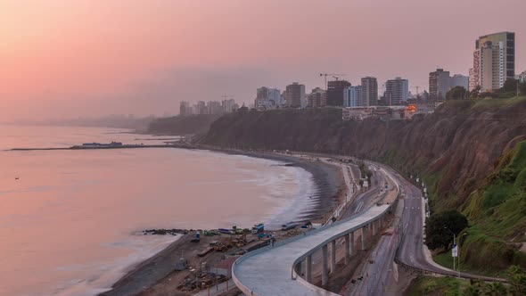 Aerial View of Lima's Coastline in the Neighborhood of Miraflores During Sunset Timelapse Lima Peru
