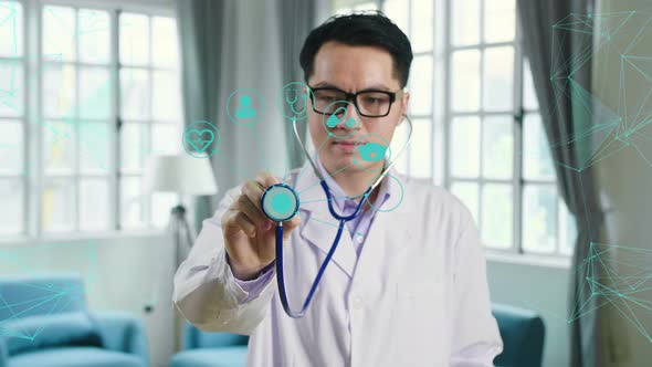 Medicine Doctor And Stethoscope In Hand Touching Icon Medical Network Connection
