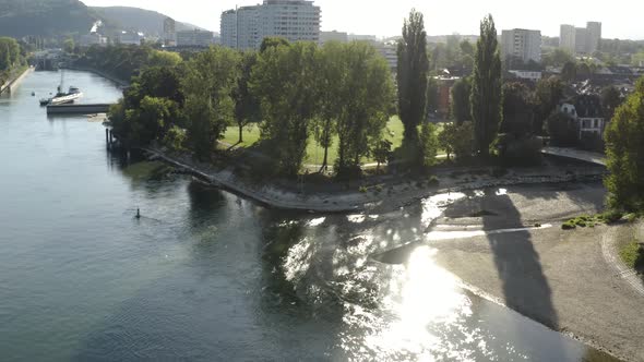 Aerial showing Birsköpfli, Basel on a sunny beautiful day over Rhine river