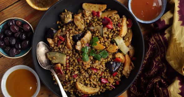 Green Mung Bean with Baked Vegetables Top View