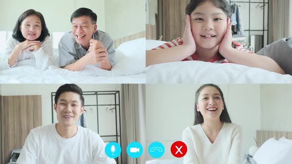 Asian family multi generation parent, grandparent and daughter talk on video call