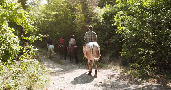 Four Active People Riding Horses on a Sunny Outdoor Wild Forest field.Friends Italian Trip in Umbria