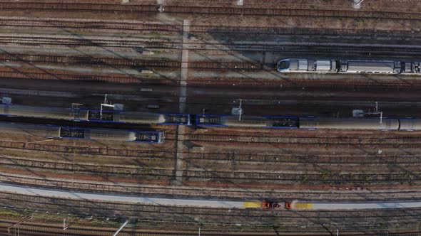 Aerial view. Modern high speed train. Railroad in landscape, aerial view from above. 