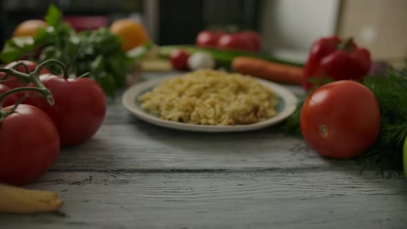 Portion of Noodles Amidst Assorted Vegetables Dolly in