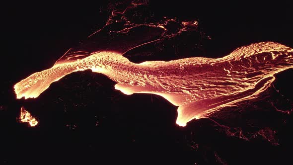 Drone Over Molten Glowing Lava River From Volcano