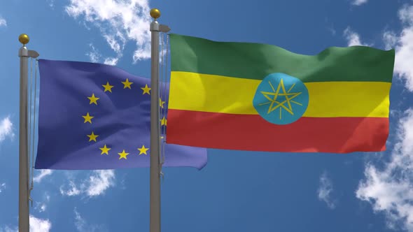 European Union Flag Vs Ethiopia Flag On Flagpole
